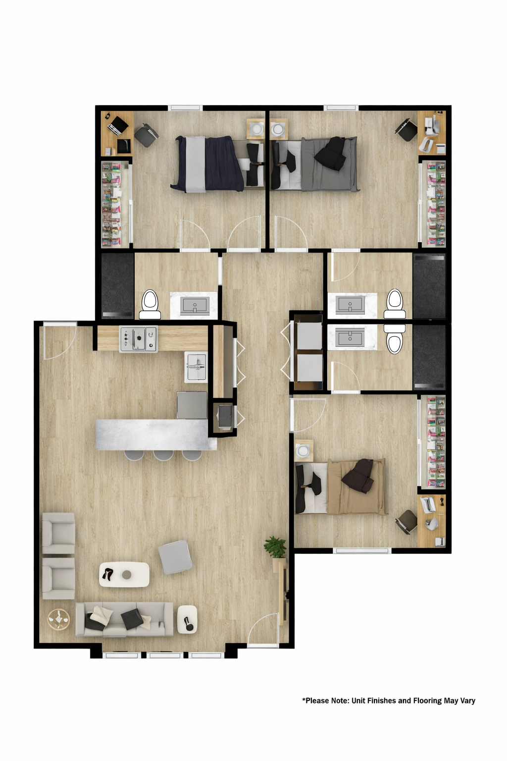 3 Bedroom/3 Bathroom- 1,301SF